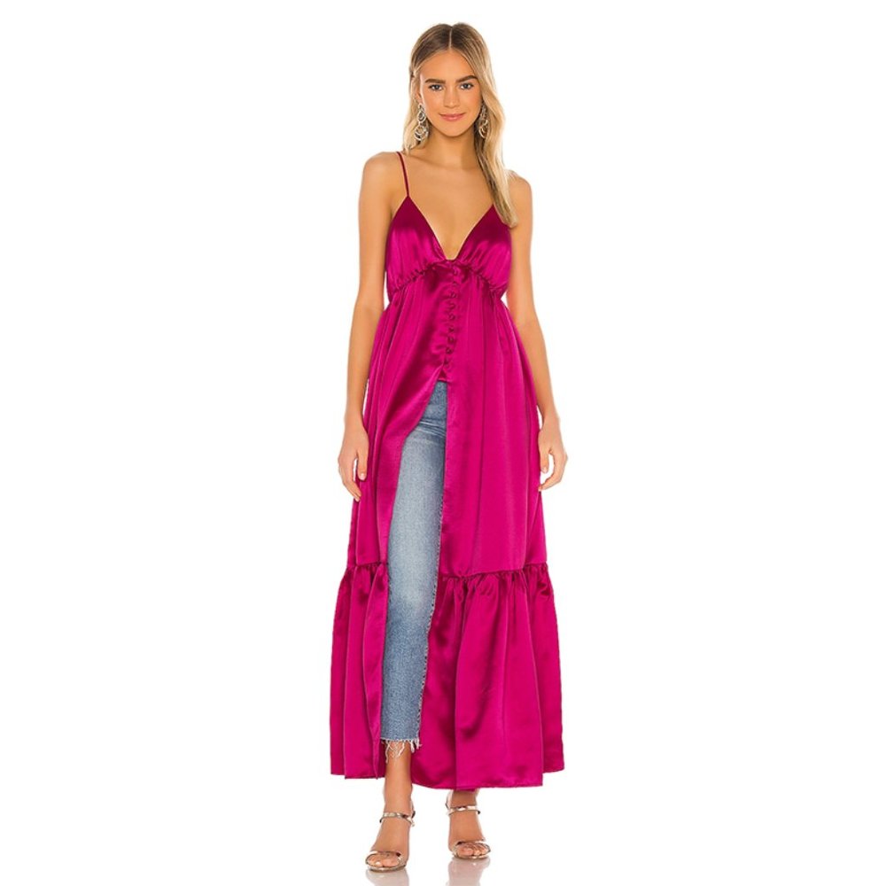 NWT Lovers + Friends Dawson Satin Tiered Button Frontâ Maxi Top Magenta Pink XXS